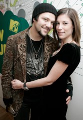 Actor and skate boarder Bam Margera and his fiancee Missy Rothstein appear backstage during MTV's "Total Request Live" show at the MTV Times Square Studios, Monday, Jan. 29, 2007, in New York.  (AP Photo/Jeff Christensen)