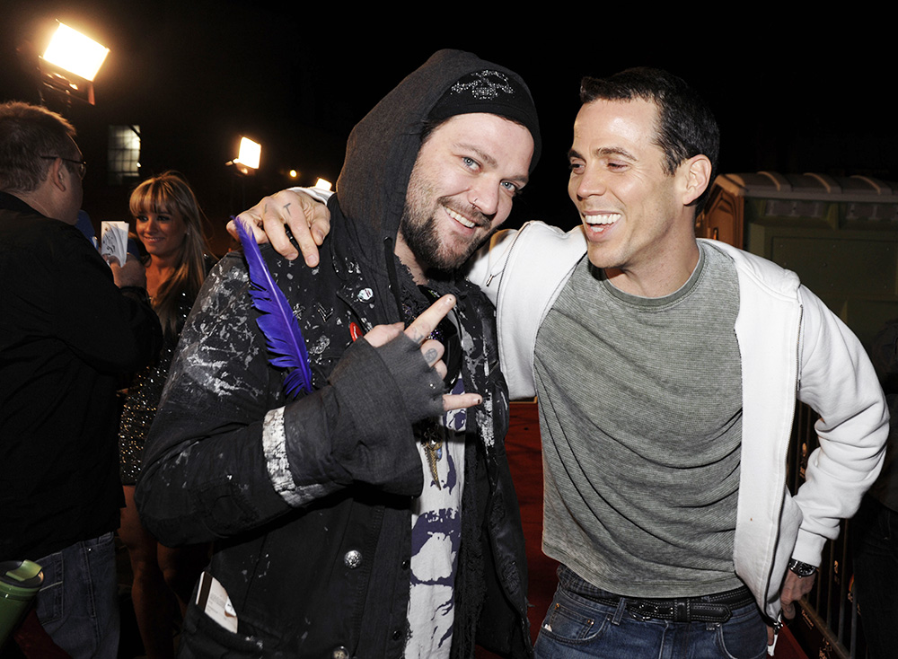 **COMMERCIAL IMAGE** In this photo taken by AP Images for Paramount Home Entertainment, Brandon "Bam" Margera, left, and Steve "Steve-O" Glover arrive to celebrate the launch of the Jackass 3 Blu-Ray and DVD at a party in Los Angeles, on Monday, March 7, 2011. (Dan Steinberg / AP Images for Paramount Home Entertainment)