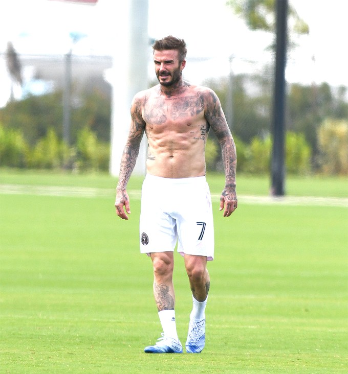 David Beckham goes shirtless