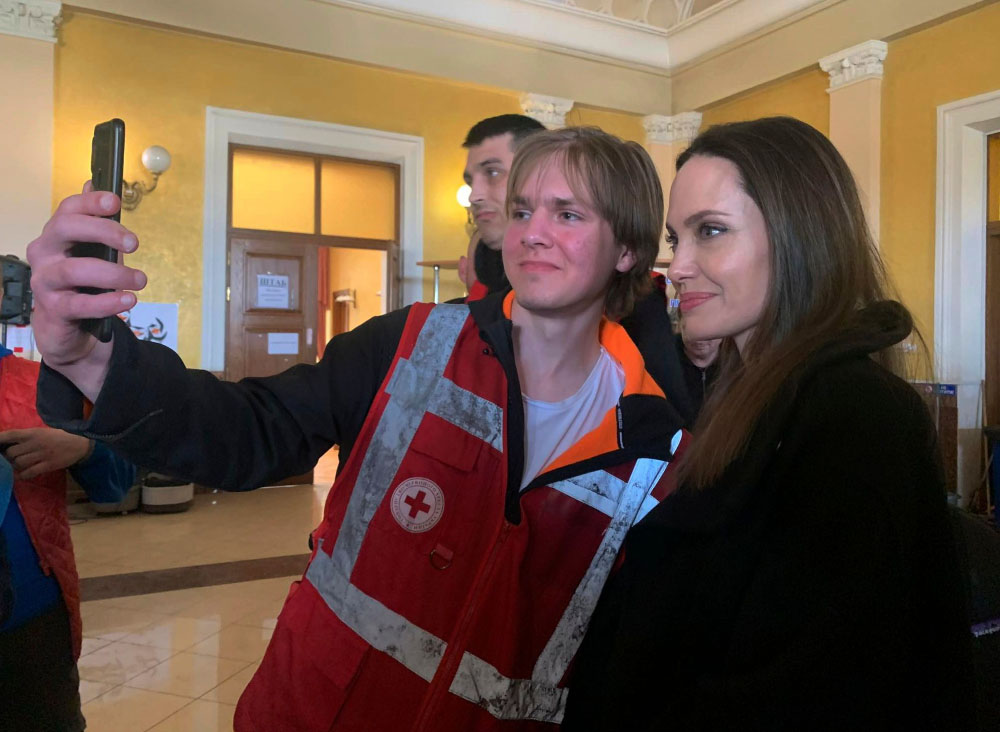 Angelina Jolie, Hollywood movie star and UNHCR goodwill ambassador, poses for photo with her fans in Lviv, Ukraine, . Ms Jolie was in Ukraine to meet the children affected by the war and visited hospitals and NGOs helping the injured and displaced
Russia War, Lviv, Ukraine - 30 Apr 2022