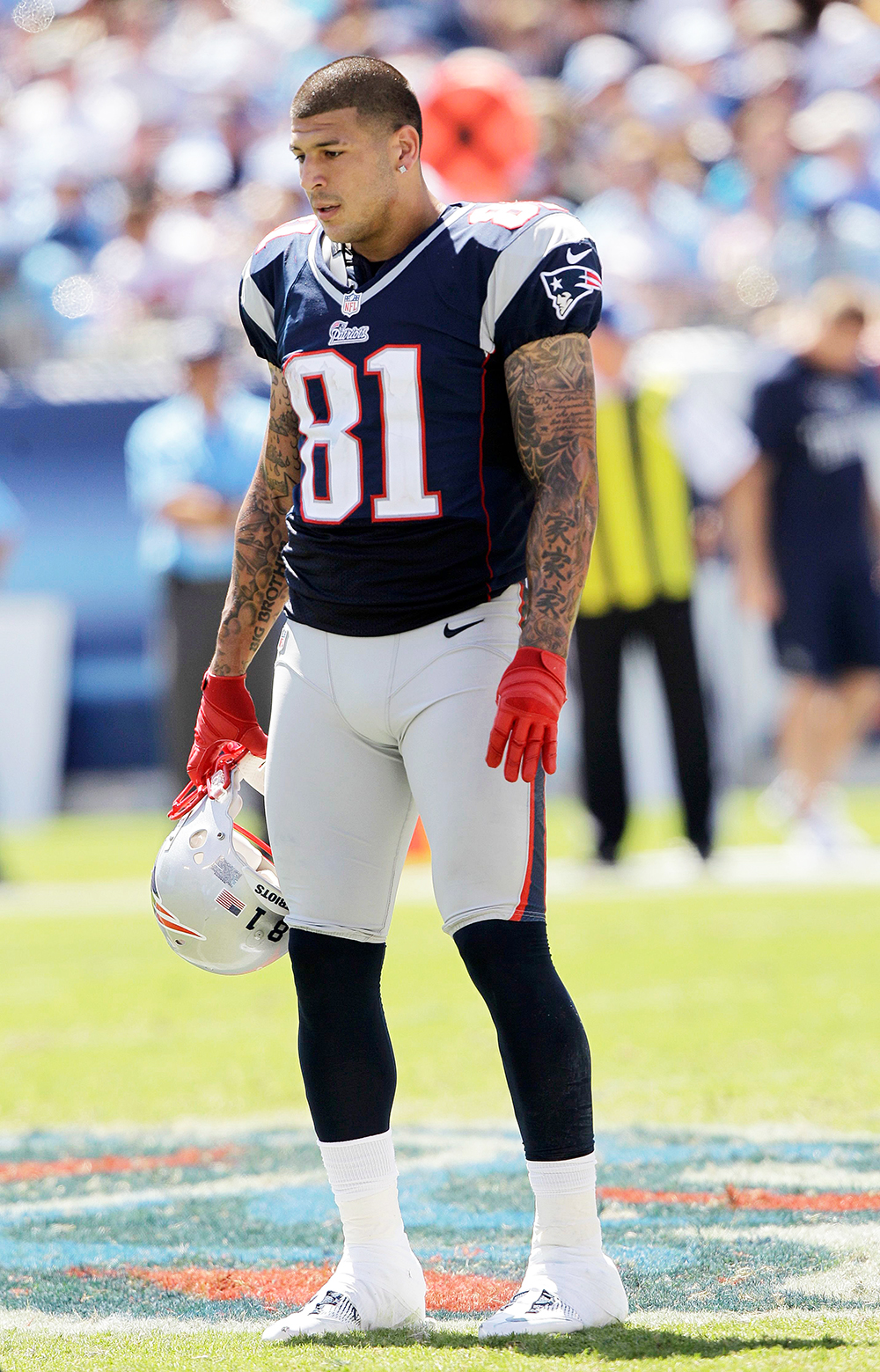 New England Patriots tight end Aaron Hernandez walks to the bench in the second quarter of an NFL football game between the Patriots and the Tennessee Titans, in Nashville, Tenn
Patriots Titans Football, Nashville, USA - 9 Sep 2012