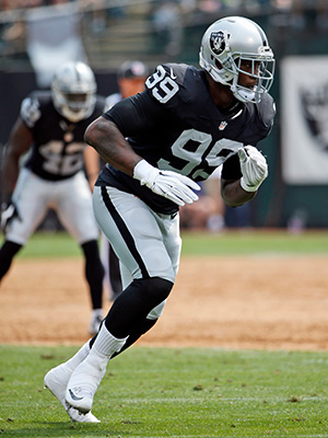 Oakland Raiders defensive end Aldon Smith during an NFL football game against the Cincinnati Bengals in Oakland, CalifBengals Raiders Football, Oakland, USA - 13 Sep 2015