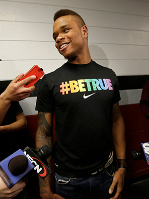 University of Massachusetts basketball guard Derrick Gordon, 22, faces reporters on the school's campus, in Amherst, Mass. Gordon has become the first openly gay player in Division I men's basketballUMass Gordon Basketball, Amherst, USA - 9 Apr 2014