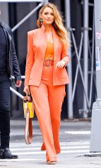 Blake Lively out in an eye-catching orange pants suit!. 25 Apr 2022 Pictured: Blake Lively. Photo credit: MEGA TheMegaAgency.com +1 888 505 6342 (Mega Agency TagID: MEGA851402_002.jpg) [Photo via Mega Agency]