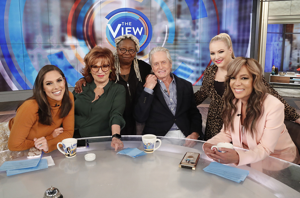 THE VIEW - 10/24/19 
Michael Douglas is the guest today on ABC's "The View."  "The View" airs Monday-Friday 11am-12 noon, ET on ABC. VW19
(ABC/Lou Rocco) 
ABBY HUNTSMAN, JOY BEHAR, WHOOPI GOLDBERG, MICHAEL DOUGLAS, MEGHAN MCCAIN, SUNNY HOSTIN