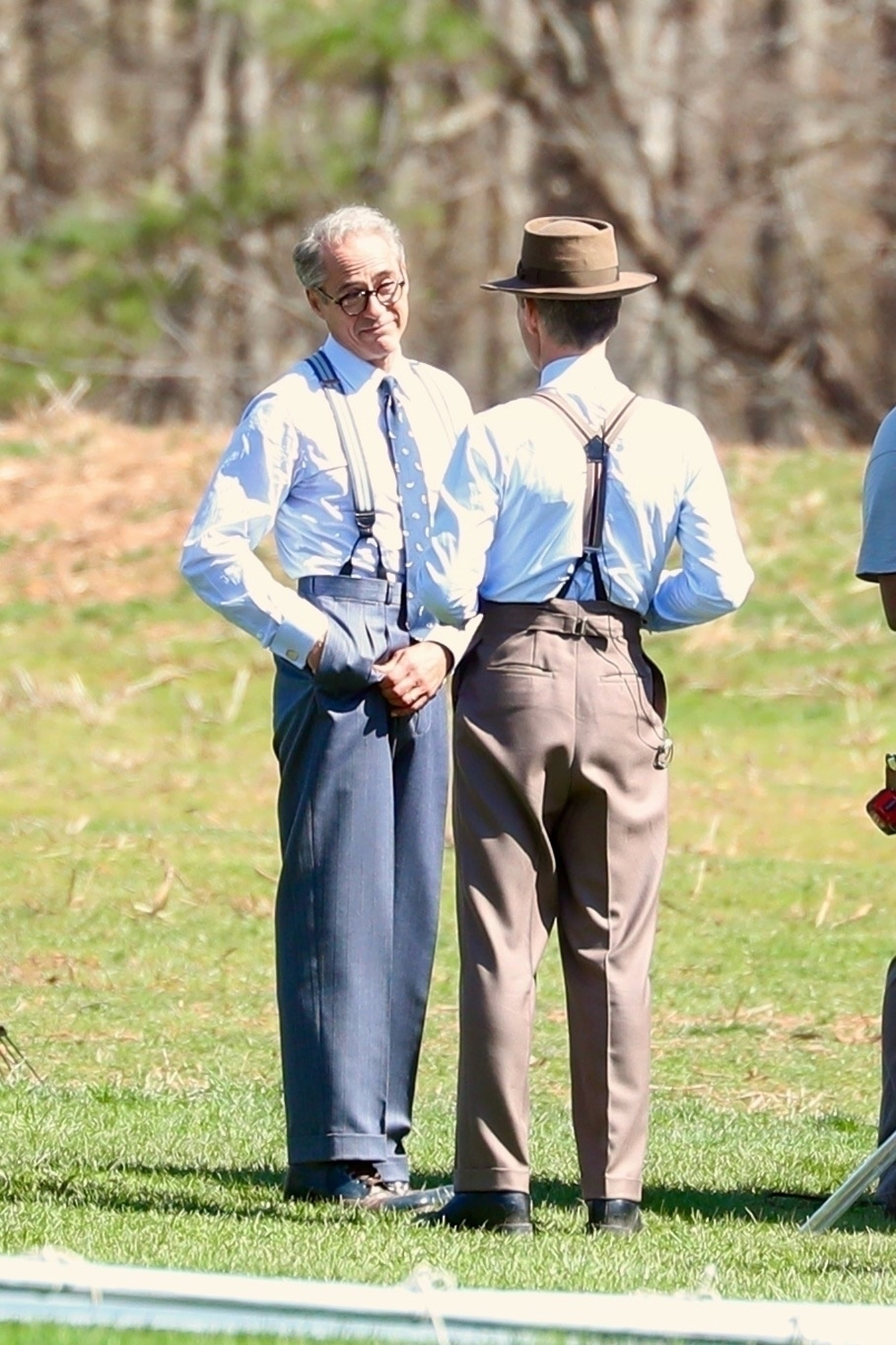 New York, NY  - *EXCLUSIVE*  - Irish actor Cillian Murphy is seen on set for the first time as he filmed scenes for Oppenheimer in Princeton, New Jersey today. Murphy plays J. Robert Oppenheimer, one of the fathers of the Atomic bomb during the Second World War, who later found his loyalty to the United States.  
Robert Downey Jr who will play Former United States Secretary of Commerce, Lewis Strauss is also pictured on set of the upcoming Christopher Nolan biopic about the atomic scientist.
 The star-studded cast also includes Matt Damon, Emily Blunt, Florence Pugh, Rami Malek, Kenneth Branagh, Benny Safdie, Josh Hartnett, Dane DeHaan, Jack Quaid, Matthew Modine, Alden Ehrenreich and David Krumholtz.

Pictured: Cillian Murphy, Robert Downey Jr. 

BACKGRID USA 12 APRIL 2022 

BYLINE MUST READ: BlayzenPhotos / BACKGRID

USA: +1 310 798 9111 / usasales@backgrid.com

UK: +44 208 344 2007 / uksales@backgrid.com

*UK Clients - Pictures Containing Children
Please Pixelate Face Prior To Publication*