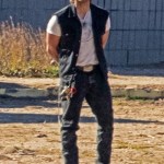 EXCLUSIVE: Chris Pratt looks unrecognizable with a handlebar mustache and a wig as he is pictured on set of his new movie alongside Millie Bobby Brown. The Jurassic World actor, 43, looked unkempt and was restrained with zip ties as he filmed scenes for The Electric State on set in Georgia, USA. The 43-year-old actor, who was recently named People magazine's Sexiest Man Alive, cut a striking and casual figure in a 70s style hair piece as he filmed with 18-year-old Millie. 29 Nov 2022 Pictured: Chris Pratt. Photo credit: OG/MEGA TheMegaAgency.com +1 888 505 6342 (Mega Agency TagID: MEGA921782_027.jpg) [Photo via Mega Agency]