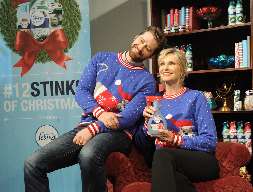 Here is Jane Lynch, 55, cozying up with a pug dog and her Glee costar Matthew Morrison, 37. The actors were both involved with '12 Stinks of Christmas' campaign from air freshener brand Febreze. "When the turkey's burning and your bathroom is seeing a lot of foot traffic from party guests, it hits you: the holidays stink," said the The 40-Year-Old Virgin star. Morrison, who also performs on Broadway, has also collaborated with his former TV co-star for a jolly holiday duet: "We always have such an amazing time together," he said. 


Pictured: Jane Lynch gets festive with Matthew Morrison and Doug the Pug dog.,Jane Lynch gets festive with Matthew Morrison
Doug the Pug dog.
Ref: SPL1193030 101215 NON-EXCLUSIVE
Picture by: SplashNews.com

Splash News and Pictures
Los Angeles: 310-821-2666
New York: 212-619-2666
London: +44 (0)20 7644 7656
Berlin: +49 175 3764 166
photodesk@splashnews.com

World Rights