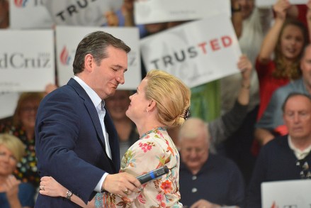 Republican presidential candidate Sen. Ted Cruz hugs his wife Heidi during a rally Saturday April 23, 2016, at the Boone County Fairgrounds, Lebanon, Ind. (J. Kyle Keener/The Pharos-Tribune via AP) MANDATORY CREDIT