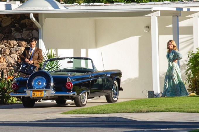 Harry Styles and Florence Pugh filming a scene