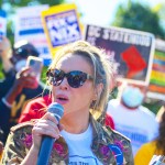Actress and Board Member of People For the American Way Alyssa Milano speaks during a protest sponsored by The League of Women Voters, People for the American Way and Declaration for American Democracy Coalition to put pressure on the Biden Administration to take action on voting rights and end the filibuster outside the White House in Washington, DC., on Tuesday, October 19, 2021.Protest Gathers Outside The White House in Support of Voting Rights, Washington, District of Columbia, United States - 19 Oct 2021