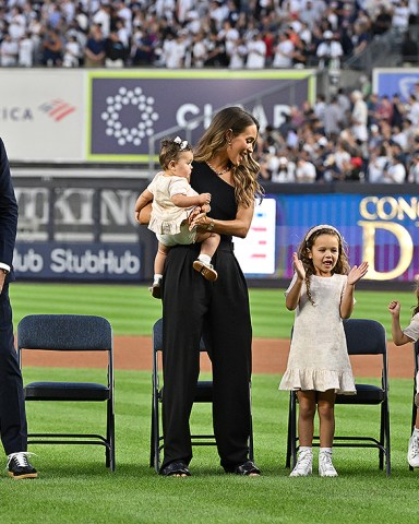 Derek Jeter and family attend Derek Jeter  Hall Of Fame Night At Yankee Stadium at Yankee Stadium in the Bronx ,New York, on September , 9,2022

Pictured: Derek Jeter,Hannah Jeter and daughters Story,Bella and River Rose
Ref: SPL5433669 090922 NON-EXCLUSIVE
Picture by: Jackie Brown / SplashNews.com

Splash News and Pictures
USA: +1 310-525-5808
London: +44 (0)20 8126 1009
Berlin: +49 175 3764 166
photodesk@splashnews.com

World Rights