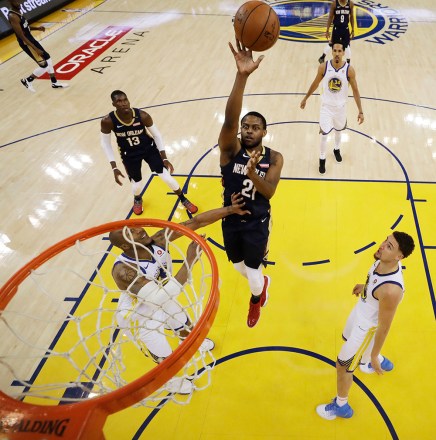 Darius Miller, David West and Klay Thompson
New Orleans Pelicans at Golden State Warriors, Oakland, USA - 28 Apr 2018
New Orleans Pelicans forward Darius Miller (C) goes to the basket as Golden State Warriors forward David West (L) and Golden State Warriors guard Klay Thompson (R) look on during the second half of the NBA Western Conference Semifinals basketball game one between the New Orleans Pelicans and the Golden State Warriors at the Oracle Arena in Oakland, California, USA, 28 April 2018.