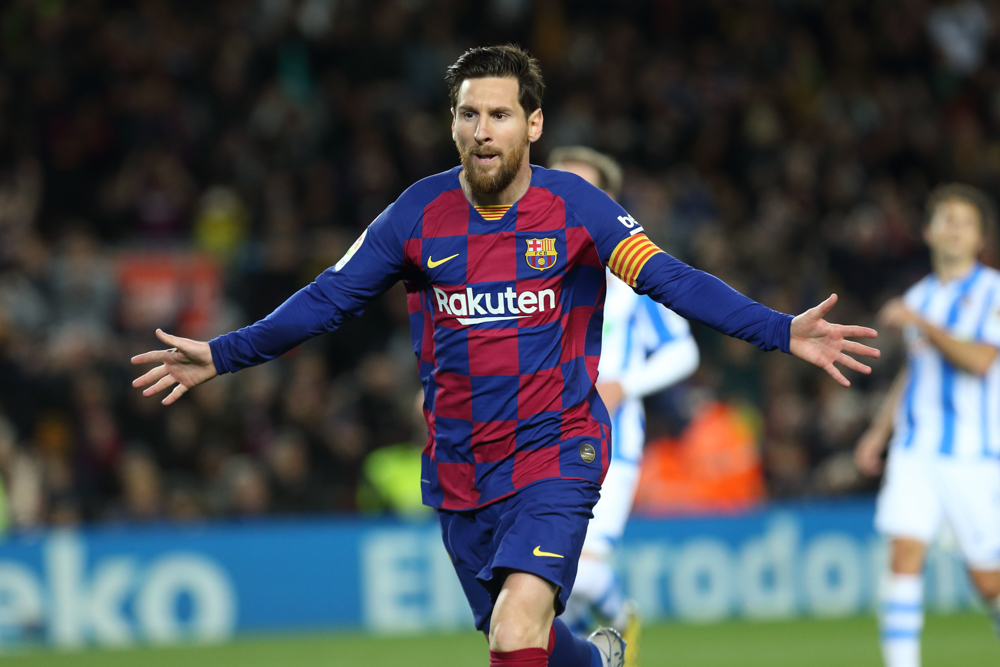 Editorial Use OnlyMandatory Credit: Photo by Joma Garcia/Action Plus/Shutterstock (10576688e)7th March 2020; Camp Nou, Barcelona, Catalonia, Spain; La Liga Football, Barcelona versus Real Sociedad; Lionel Messi celebrates after scoring from a penalty kick for 1-0 in the 81st minuteBarcelona v Real Sociedad, La Liga, Football, Camp Nou, Spain - 07 Mar 2020