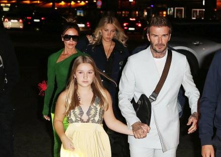 The Beckham family (Victoria, Harper, David, Cruz, Brooklyn and Nicola Peltz) seen on their way to have a dinner party at La Girafe in Paris on september 30th 2022. 30 Sep 2022 Pictured: Victoria Beckham, Nicola Peltz, Harper and David Beckham. Photo credit: KCS Presse / MEGA TheMegaAgency.com +1 888 505 6342 (Mega Agency TagID: MEGA902951_020.jpg) [Photo via Mega Agency]