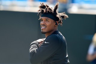 Carolina Panthers quarterback Cam Newton (1) stretches prior to an NFL football game against the Los Angeles Rams in Charlotte, N.C
Rams Panthers Football, Charlotte, USA - 08 Sep 2019