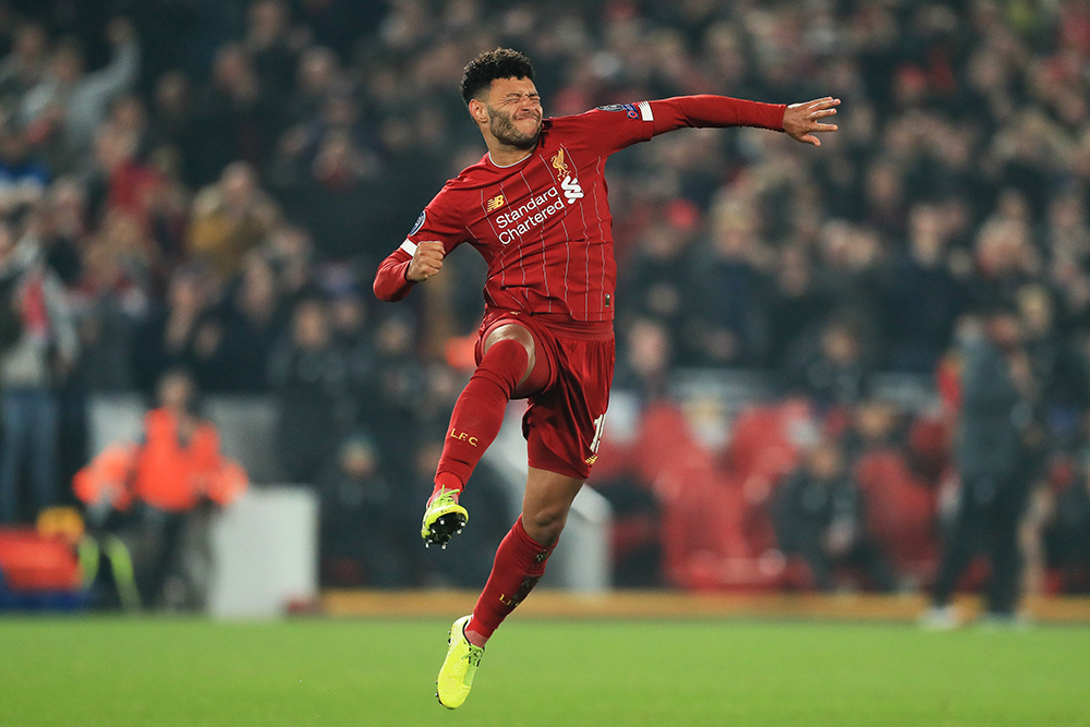 Editorial Use OnlyMandatory Credit: Photo by Mark Cosgrove/News Images/Shutterstock (10465222ch)5th November 2019, Anfield, Liverpool, England; UEFA Champions League, Liverpool v KRC Genk : Alex Oxlade-Chamberlain (15) of Liverpool celebrates after scoring a goal to make it 2-1 Credit: Mark Cosgrove/News ImagesLiverpool v Genk, UEFA Champions League, Group E, Football, Anfield, UK - 05 Nov 2019