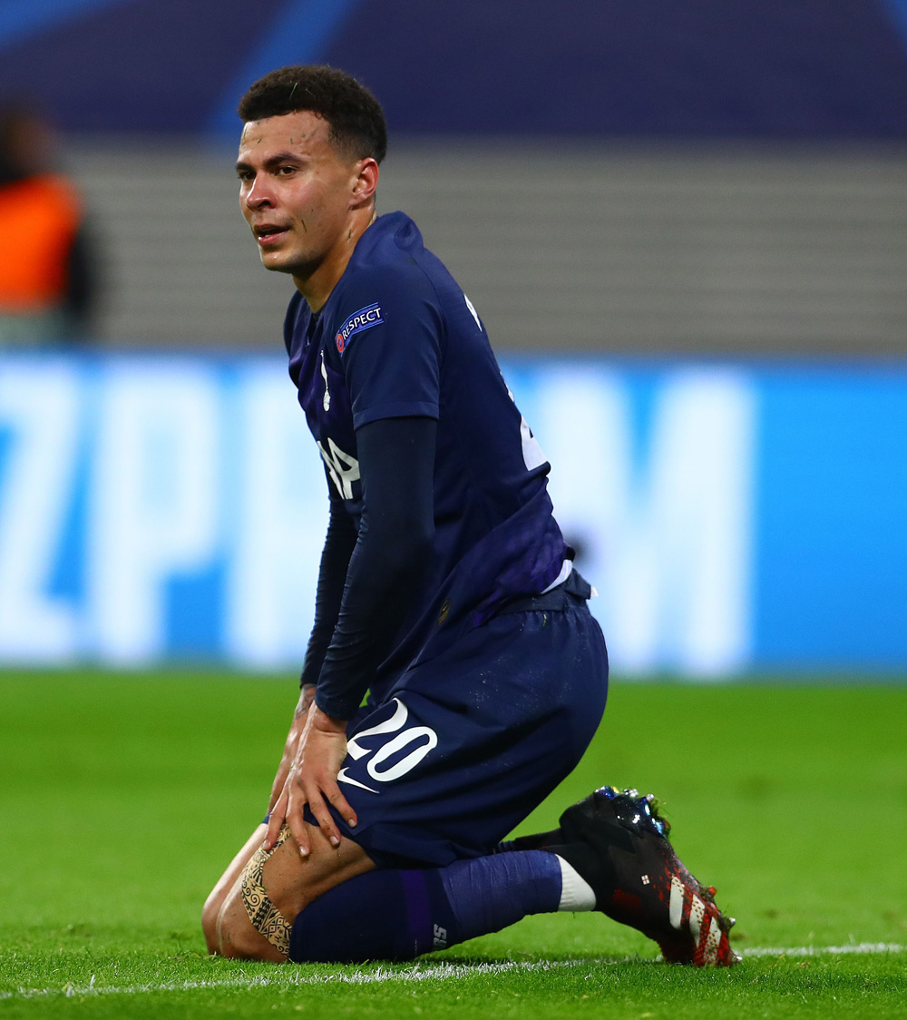 Editorial Use OnlyMandatory Credit: Photo by Kieran McManus/BPI/Shutterstock (10577601bb)Dele Alli of Tottenham Hotspur feels the pain from an injuryRB Leipzig v Tottenham Hotspur, UEFA Champions League, Round of 16, 2nd Leg, Football, Red Bull Arena, Germany - 10 Mar 2020