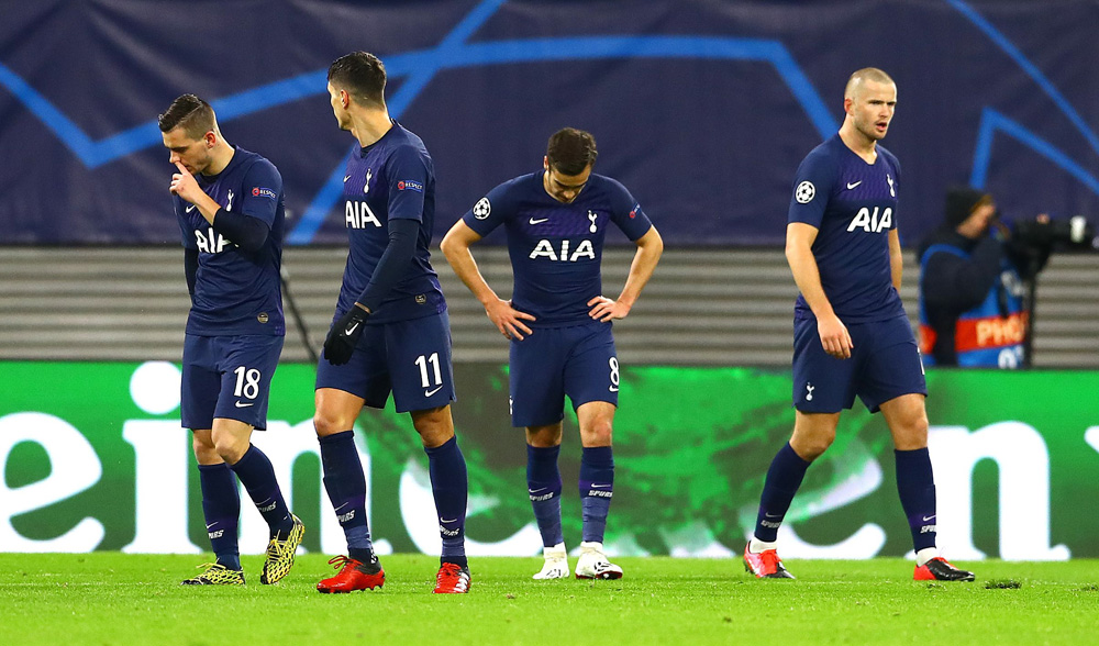 Editorial Use OnlyMandatory Credit: Photo by Kieran McManus/BPI/Shutterstock (10577601v)Tottenham Hotspur players show a look of dejection after Marcel Sabitzer of RB Leipzig scores a goal to make the score 1-0RB Leipzig v Tottenham Hotspur, UEFA Champions League, Round of 16, 2nd Leg, Football, Red Bull Arena, Germany - 10 Mar 2020