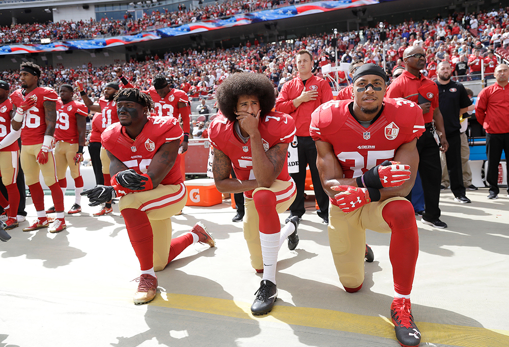 Eli Harold, Colin Kaepernick, Eric Reid. San Francisco 49ers outside linebacker Eli Harold, left, quarterback Colin Kaepernick, center, and safety Eric Reid kneel during the national anthem before an NFL football game against the Dallas Cowboys in Santa Clara, Calif., . From gambling suspensions of Paul Hornung and Alex Karras in the 1960s to Colin Kaepernick and other players kneeling during the national anthem, the NFL always seems to overcome controversies
NFL at 100 Scandals Football, Santa Clara, USA - 02 Oct 2016