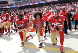 Eli Harold, Colin Kaepernick, Eric Reid. San Francisco 49ers outside linebacker Eli Harold, left, quarterback Colin Kaepernick, center, and safety Eric Reid kneel during the national anthem before an NFL football game against the Dallas Cowboys in Santa Clara, Calif., . From gambling suspensions of Paul Hornung and Alex Karras in the 1960s to Colin Kaepernick and other players kneeling during the national anthem, the NFL always seems to overcome controversies
NFL at 100 Scandals Football, Santa Clara, USA - 02 Oct 2016