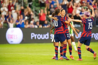 USA Women's forward Christen Press (23) celebrates the first goal during the international friendly soccer match between Nigeria at the Q2 Stadium in Austin, Texas
USA Womens Soccer Nigeria vs USA, Austin, USA - 16 Jun 2021