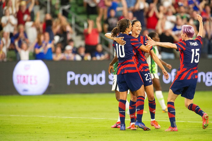 Christen Press scores a goal against Nigeria