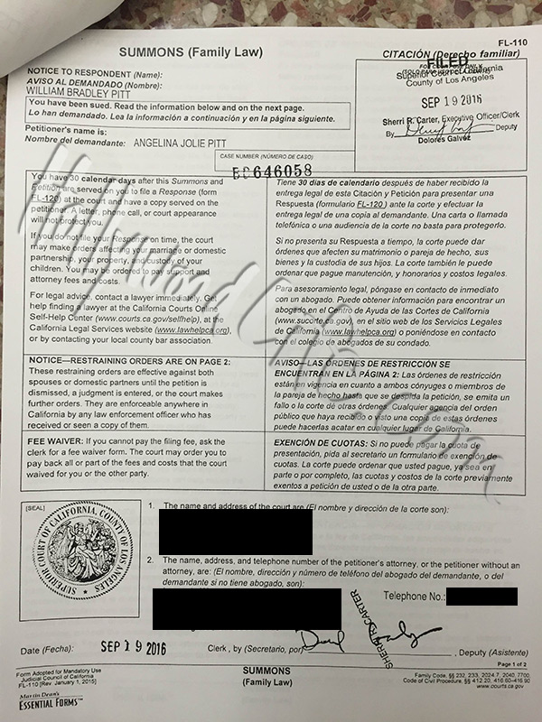 Brad Pitt Angelina Jolie Divorce Papers