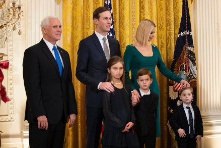 Ivanka Trump, Jared Kushner, Mike Pence, Arabella Kushner, Theodore Kushner, Joseph Kushner. Vice President Mike Pence, from left, White House senior adviser Jared Kushner and his wife Ivanka Trump and their children, from front left, Arabella Kushner, Joseph Kushner and Theodore Kushner, attend a Hanukkah reception in the East Room of the White House, in Washington
Trump Hanukkah, Washington, USA - 11 Dec 2019