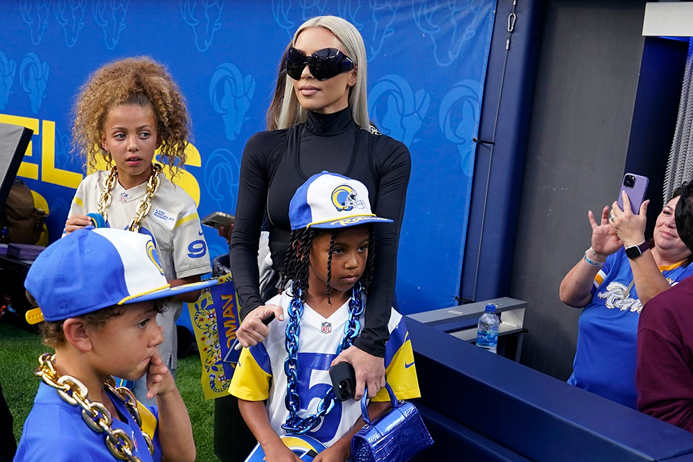 Kim Kardashian, wearing sunglasses, stands near the field after the Los Angeles Rams played an NFL football game against the Dallas Cowboys, in Inglewood, Calif
Cowboys Rams Football, Inglewood, United States - 09 Oct 2022