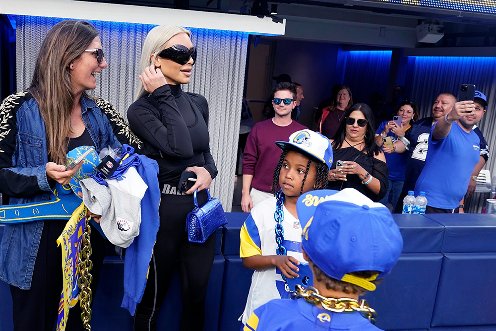 Kim Kardashian, wearing sunglasses, stands near the field after the Los Angeles Rams played an NFL football game against the Dallas Cowboys, in Inglewood, Calif
Cowboys Rams Football, Inglewood, United States - 09 Oct 2022