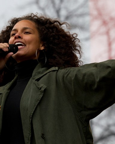 Alicia Keys performs on stage during the women's march rally, in Washington. Organizers of the Women's March on Washington expect more than 200,000 people to attend the gathering. Other protests are expected in other U.S. cities
Trump Womens March, Washington, USA - 21 Jan 2017