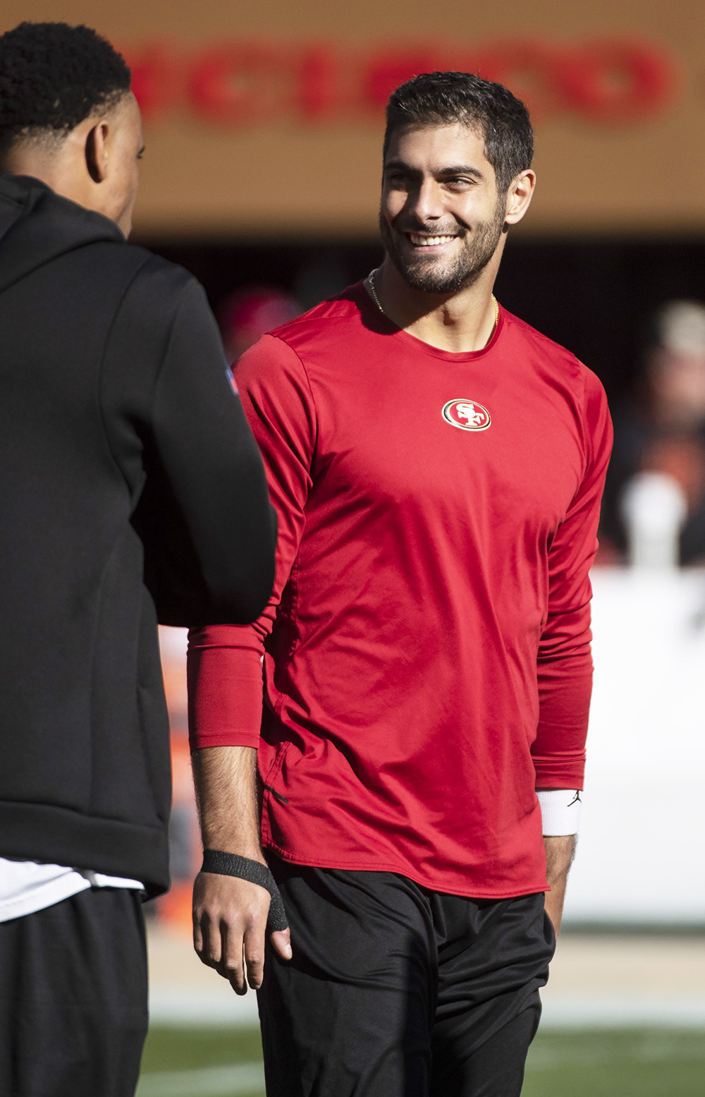 San Francisco 49ers quarterback Jimmy Garoppolo (10) chats during warm ups to play the Houston Texans at Levi's Stadium in Santa Clara, California on Sunday, January 2, 2022. Garoppolo is sidelined with an injury to his right thumb.
NFL 49ers Texans, Santa Clara, California, United States - 02 Jan 2022