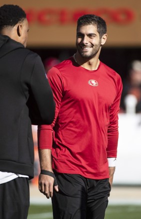 San Francisco 49ers quarterback Jimmy Garoppolo (10) chats during warm ups to play the Houston Texans at Levi's Stadium in Santa Clara, California on Sunday, January 2, 2022. Garoppolo is sidelined with an injury to his right thumb.
NFL 49ers Texans, Santa Clara, California, United States - 02 Jan 2022