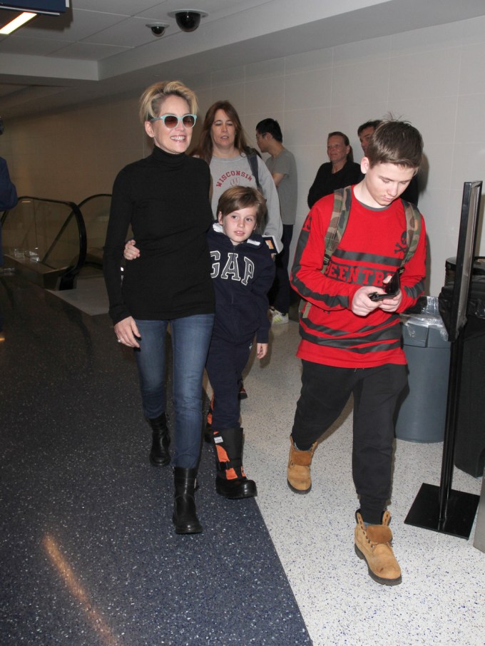 Sharon Stone With Quinn & Roan At LAX