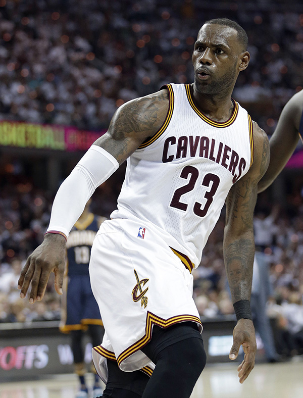 Copyright 2017 The Associated Press. All rights reserved. This material may not be published, broadcast, rewritten or redistributed without permission.Mandatory Credit: Photo by AP/REX/Shutterstock (8612076p)Cleveland Cavaliers' LeBron James reacts after scoring in the first half in Game 1 of a first-round NBA basketball playoff series against the Indiana Pacers, in ClevelandPacers Cavaliers Basketball, Cleveland, USA - 15 Apr 2017