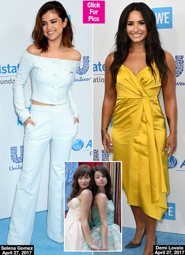 selena gomez blue off the shoulder shirt pants demi lovato yellow dress we day