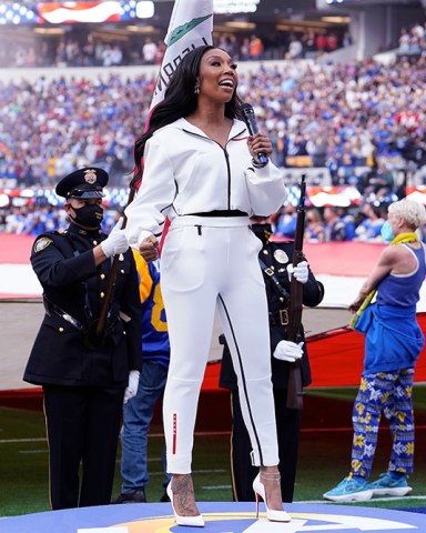 Mandatory Credit: London Entertainment/Shutterstock
Mandatory Credit: Photo by London Entertainment/Shutterstock (12782863g)
Brandy sings the National Anthem at the NFC Championship Game between the Los Angeles Rams and the San Francisco 49ers at SoFi Stadium on January 30, 2022 in Inglewood, California
Celebrities at Los Angeles Rams v San Francisco 49ers, NFC Championship Game, American Football, SoFi Stadium, Inglewood, Los Angeles, California, USA - 30 Jan 2022