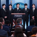 Band members from South Korean boy band BTS, also known as the Bangtan Boys, join White House Press Secretary Karine Jean-Pierre during her daily press briefing in the James S. Brady Briefing Room at the White House in Washington, DC, USA, 31 May 2022.White House Press Secretary daily press briefing with BTS, Washington, USA - 31 May 2022