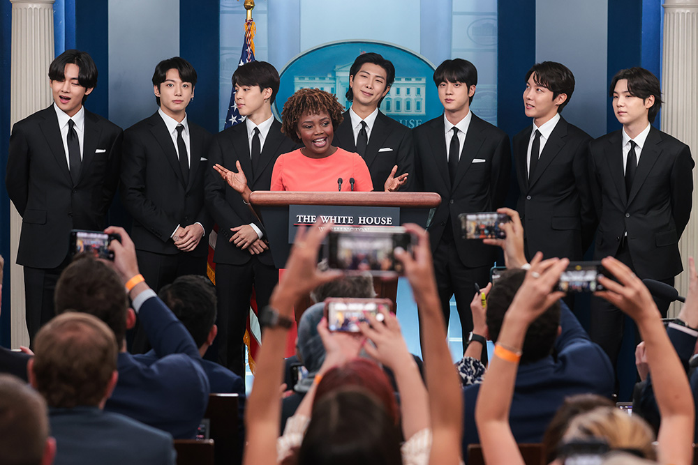 Band members from South Korean boy band BTS, also known as the Bangtan Boys, join White House Press Secretary Karine Jean-Pierre during her daily press briefing in the James S. Brady Briefing Room at the White House in Washington, DC on Tuesday, May 31, 2022.DC: White House Press Secretary daily press briefing with BTS, Washington, District of Columbia, United States - 31 May 2022