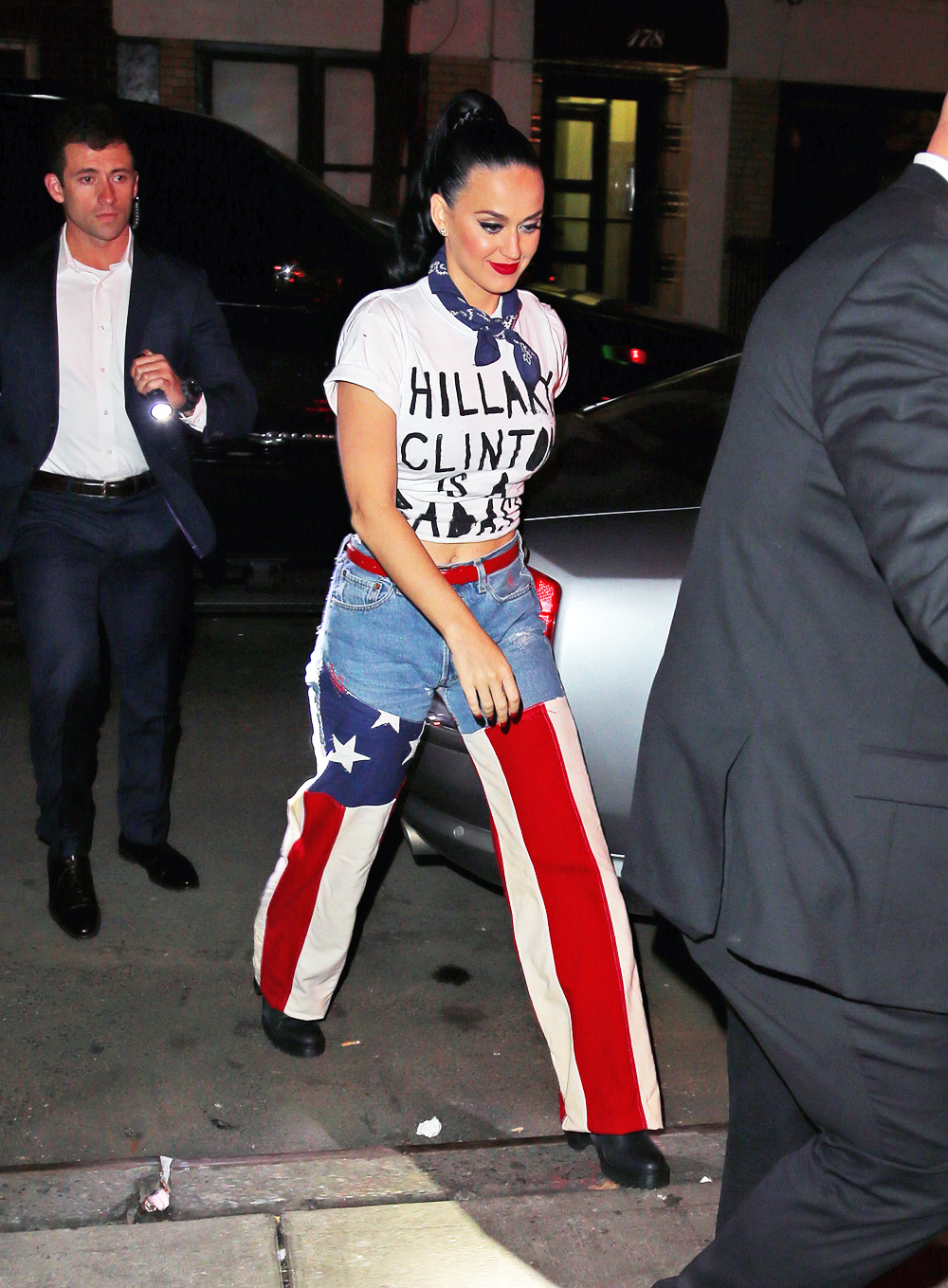 Katy Perry pictured walking into a restaurant after performing at a Hillary Clinton benefit concert at Radio City Music Hall in New York City. She was pictured wearing a t-shirt that says Hillary Clinton is a "bad ass" with jeans that have the american flag design on it. 

Pictured: Katy Perry
Ref: SPL1236662 030316 NON-EXCLUSIVE
Picture by: SplashNews.com

Splash News and Pictures
USA: +1 310-525-5808
London: +44 (0)20 8126 1009
Berlin: +49 175 3764 166
photodesk@splashnews.com

World Rights