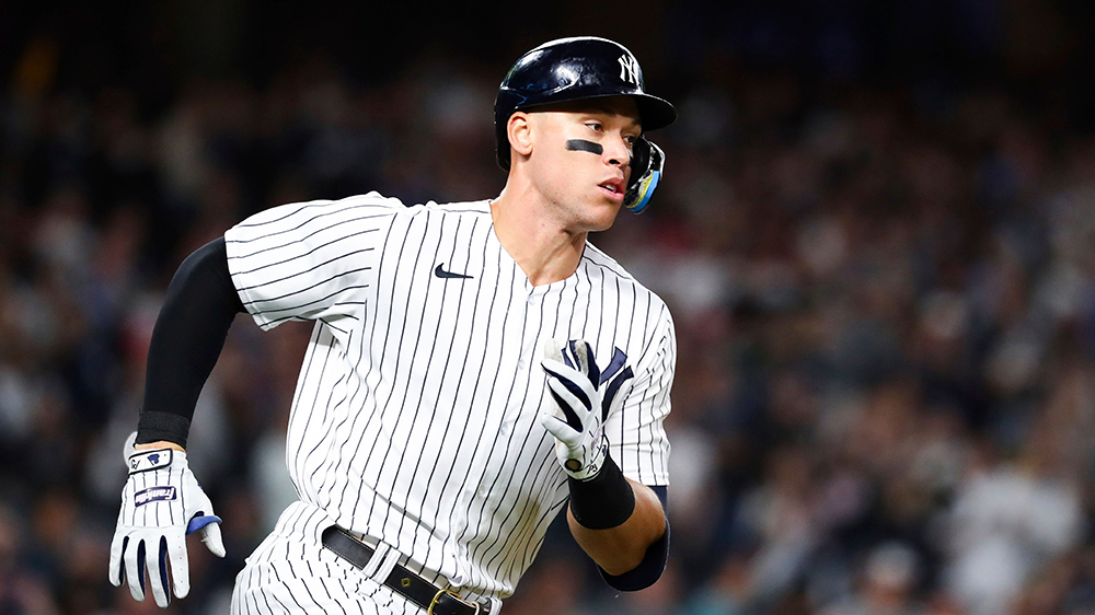 New York Yankees designated hitter Aaron Judge runs towards first base after hitting a double against Boston Red Sox starting pitcher Brayan Bello during the first inning of a baseball game, in New YorkYankees Baseball, New York, United States - 25 Sep 2022