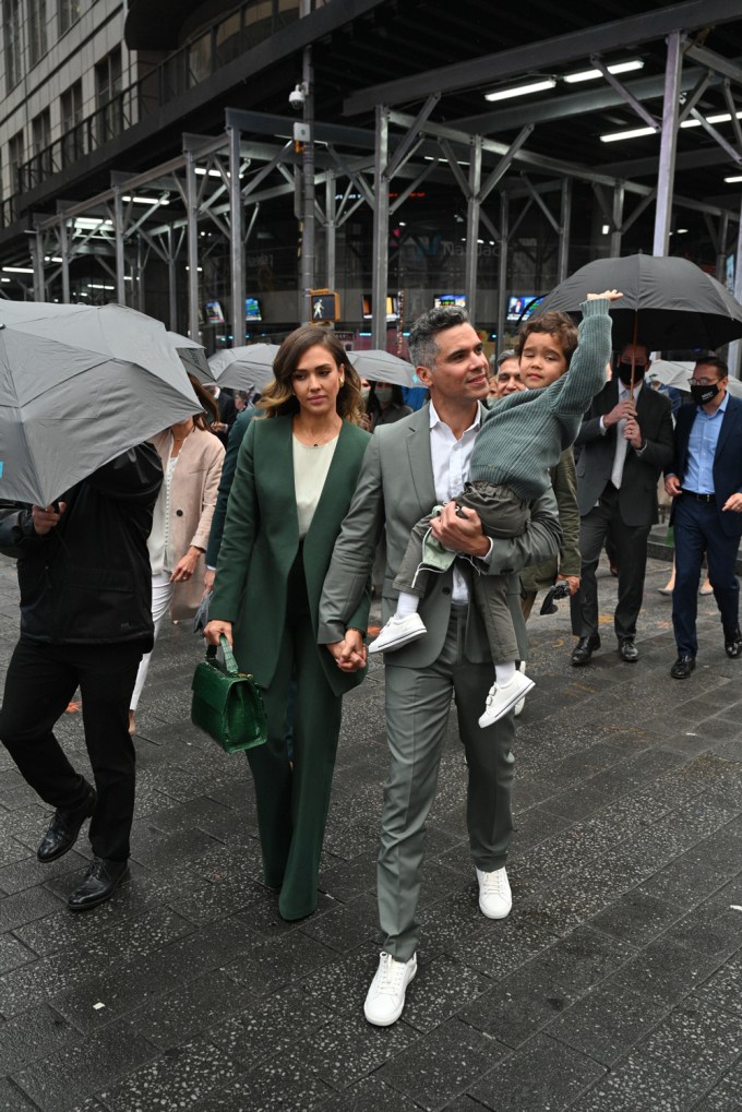 Jessica Alba and her family outside the Nasdaq building