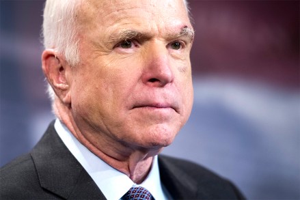 FILE - Sen. John McCain, R-Ariz., speaks to reporters on Capitol Hill in Washington, Thursday, July 27, 2017 file photo  Arizona Gov. Doug Ducey has recommended a slew of Arizona luminaries including McCain, for inclusion in the proposed National Garden of American Heroes. The list by the governor's office includes three senators, two governors, the first female justice of the U.S. Supreme Court, and military and civil rights heroes. (AP Photo/Cliff Owen, File)