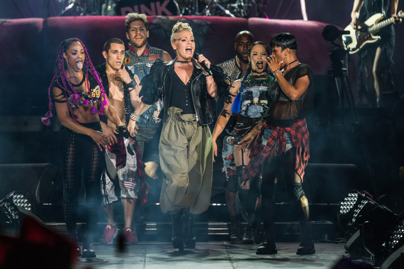 FILE - In this July 8, 2017 file photo, Pink performs during the Festival d'ete de Quebec in Quebec City, Canada. Pink will receive the Michael Jackson Video Vanguard Award at the MTV Video Music Awards on Sunday. (Photo by Amy Harris/Invision/AP, File)