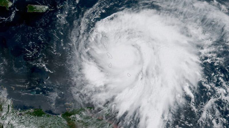 HANDOUT EDITORIAL USE ONLY/NO SALESMandatory Credit: Photo by NOAA HANDOUT/EPA-EFE/REX/Shutterstock (9066620a)A handout photo made available by the National Oceanic and Atmospheric Administration (NOAA) shows an image captured by NOAA's GOES-16 satellite of Hurricane Maria approaching the Leeward Islands, 18 September 2017. As of 11:00 am EDT, the category three storm was located about 60 miles east of Martinique and moving toward the west-northwest near 10 miles per hour. Forecasters with the National Hurricane Center say Maria, which has maximum sustained winds of near 120 miles per hour, is expected to be a 'dangerous major hurricane' as it moves through the Leeward Islands and the northeastern Caribbean Sea.Hurricane Maria approaches the Caribbean, Atlantic Ocean, --- - 18 Sep 2017