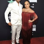 T I., Tameka Harris. T I., left, and Tameka Harris pose in the press room at the BET Awards, at the Microsoft Theater in Los Angeles
2019 BET Awards - Press Room, Los Angeles, USA - 23 Jun 2019