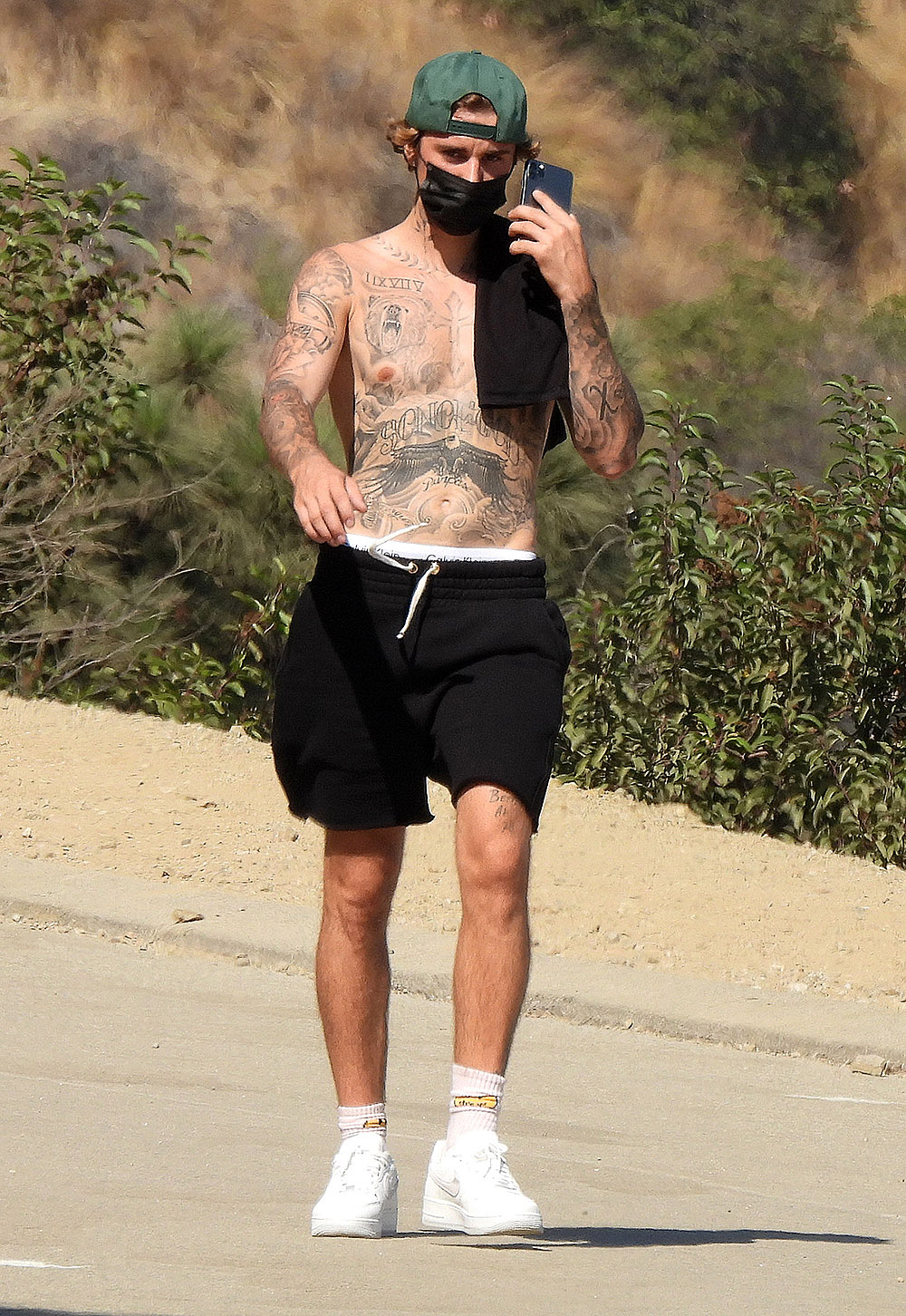 Shirtless Justin Bieber out for a hike in Los Angeles