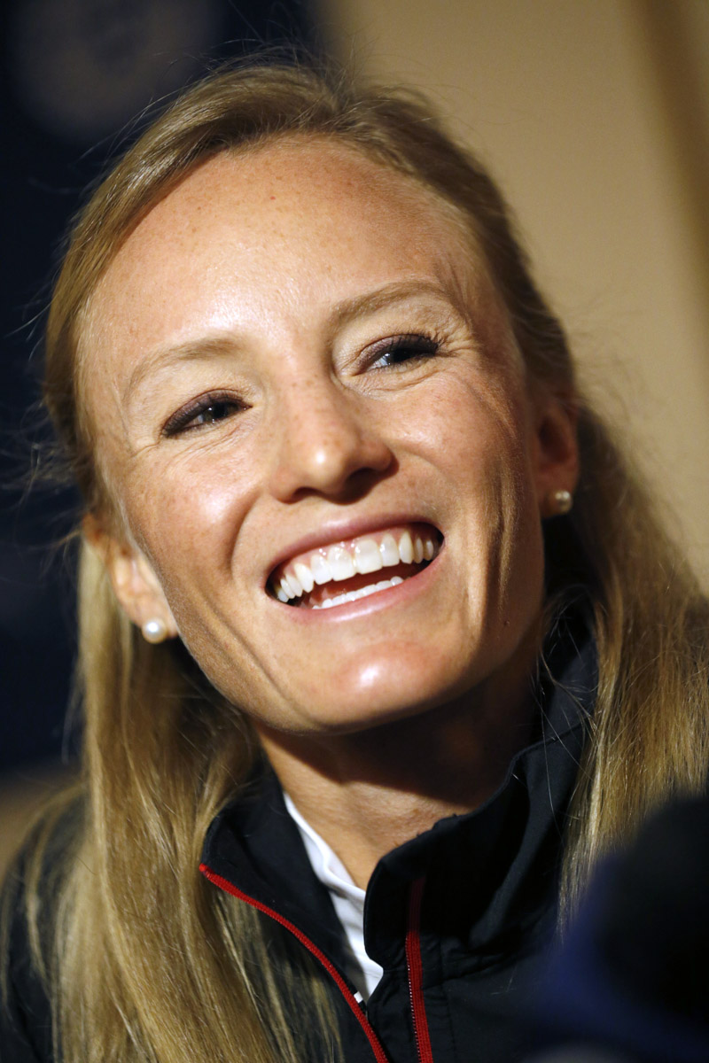 Shalane Flanagan Marathon runner Shalane Flanagan speaks with a reporter during a news conference, in Boston. The 119th Boston Marathon will be run on Monday, April 20
Boston Marathon, Boston, USA