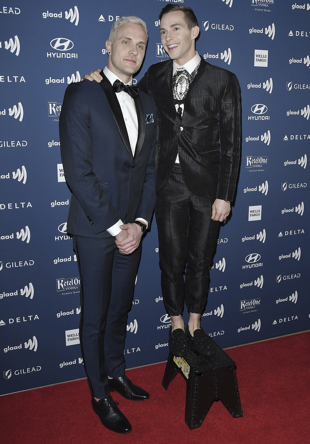 (L-R) Jussi-Pekka Kajaala and Adam Rippon at the 30th Annual GLAAD Media Awards held at the Beverly Hilton in Beverly Hills, CA on Thursday, March 28, 2019. (Photo By Sthanlee B. Mirador/Sipa USA)(Sipa via AP Images)